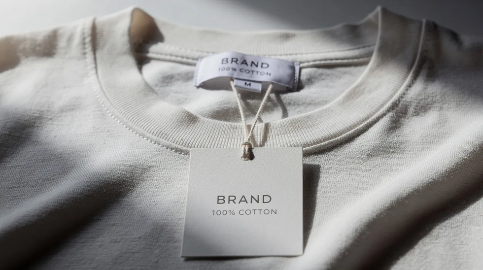 The image features a close-up of a clothing neck label and a hang tag attached to a cotton garment, showcasing the clothing brand's logo and brand identity. The label provides essential information about the clothing line, including care instructions and trademark registration details.