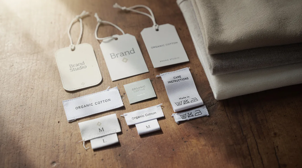 The image features an array of hang tags and sewn-in labels from various clothing brands displayed on a wooden surface, accompanied by neatly folded clothing items. This setup highlights the brand identity and trademark elements essential for the apparel industry.