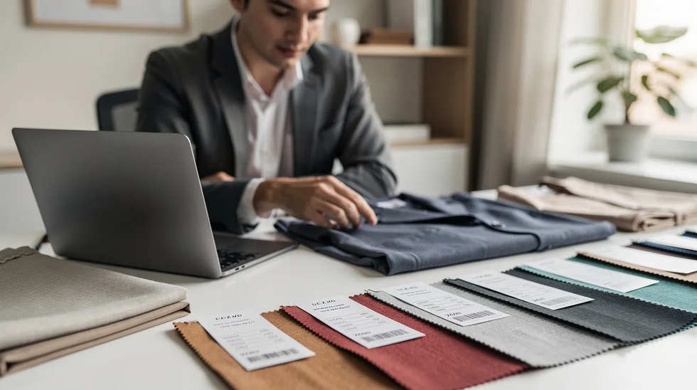 A person is seated at a desk, reviewing various clothing samples and labels while working on a laptop, likely focusing on aspects of trademark registration for a fashion brand. The workspace is organized, showcasing hang tags and clothing designs that reflect the brand's identity.