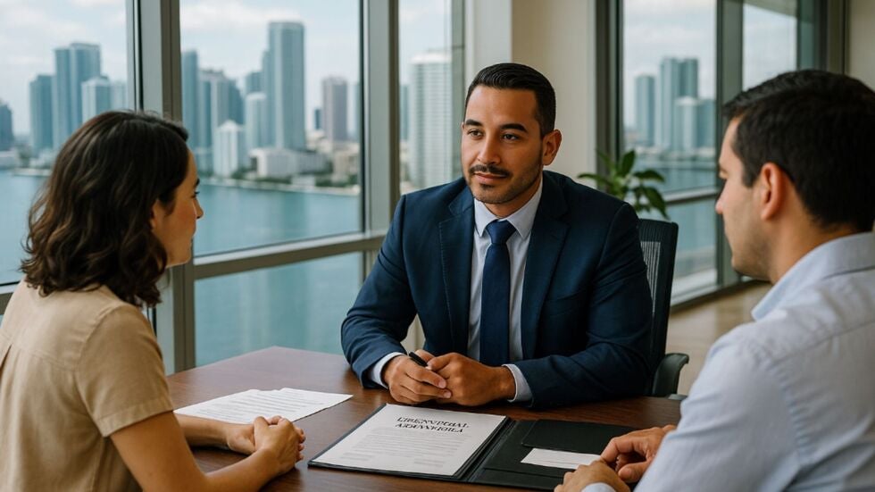 Couple reviewing a prenuptial agreement with a Miami attorney, discussing property and support terms.