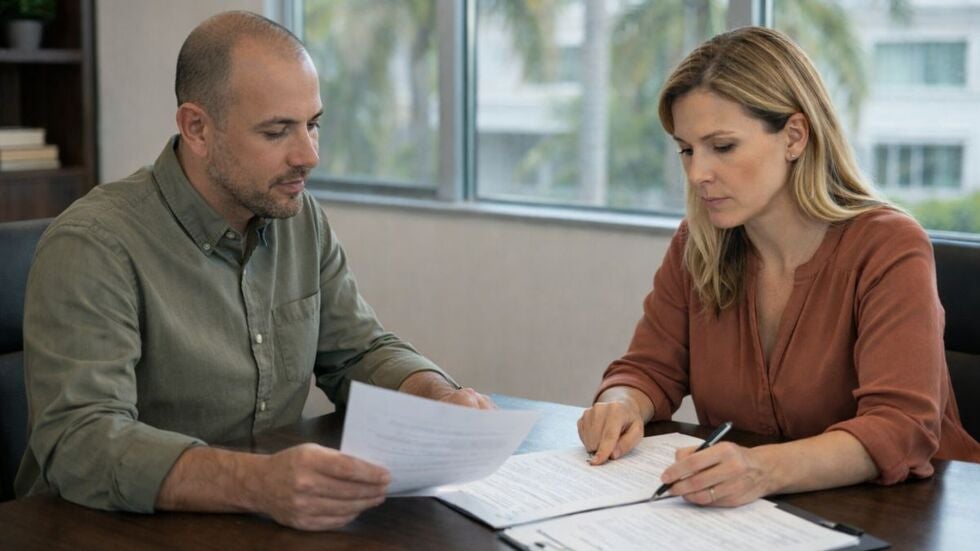 Separated parents reviewing a parenting plan together at a table in a Florida office, focusing on cooperative communication and structured parenting arrangements.