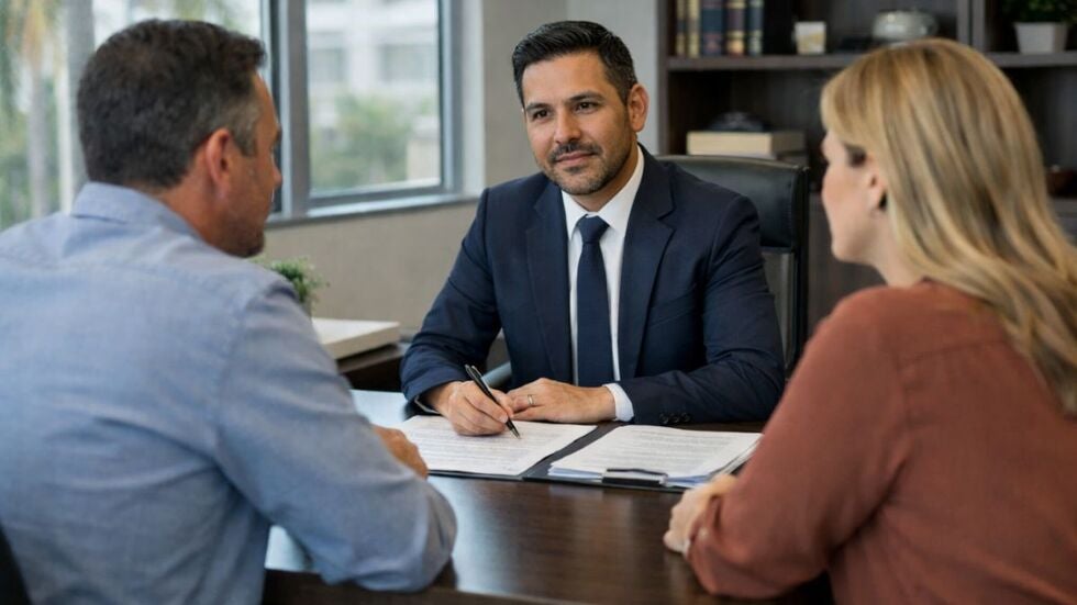 Family law attorney meeting with two parents in a modern Florida law office, reviewing documents during a calm parental responsibility consultation.