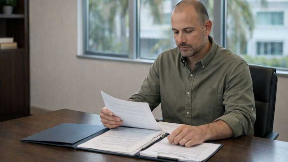Father reviewing a parenting plan in a modern Florida office, focusing on parental responsibility and active involvement in decision making.
