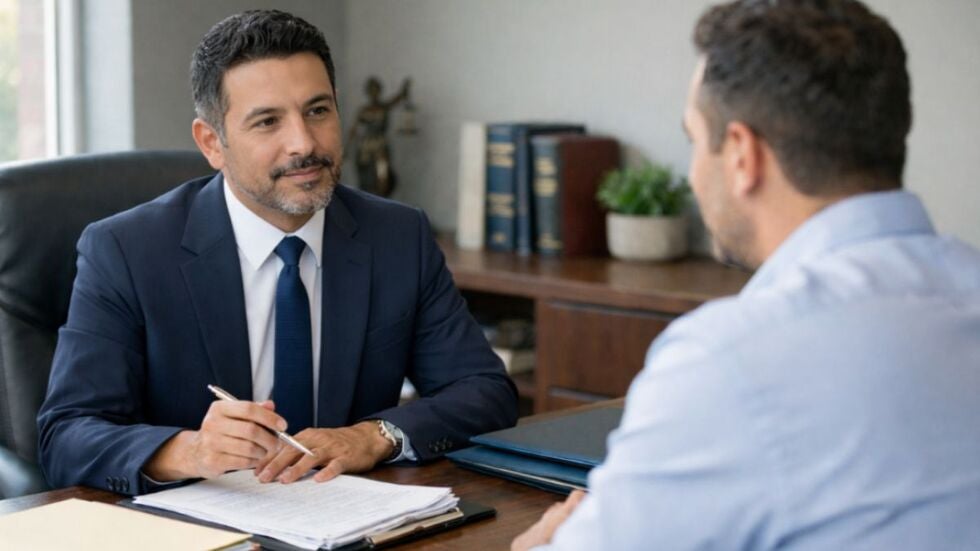 Florida family law attorney speaking with a client during a consultation about legal fees and family law matters.