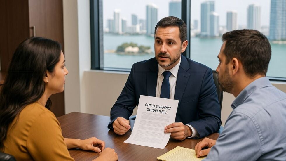 Consultation about child support in Miami at a Brickell office—attorney explaining Florida guidelines