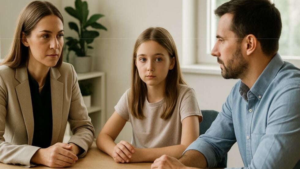 Family mediation setting in a bright office: woman in beige blazer seated with a school-age girl and a man across the table