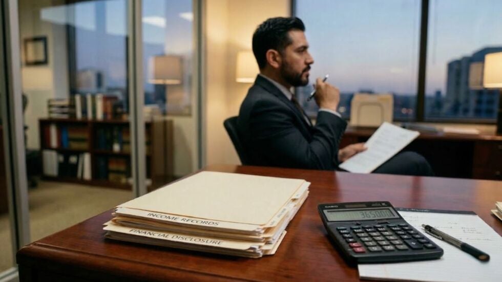 An attorney in a Miami office reviews "Income Records" and "Financial Disclosure" folders, representing the financial planning required for Florida child support and paternity cases.