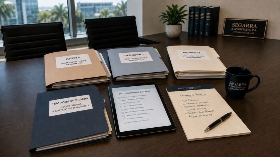 Legal folders for assets, insurance, and temporary orders in a Florida family law enforcement case.