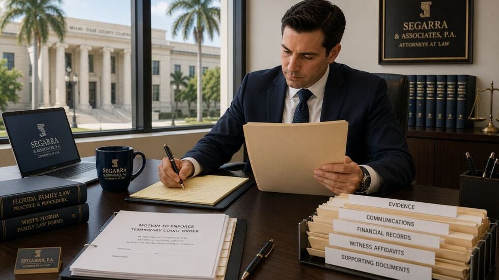 Florida family law attorney preparing an enforcement motion for a temporary court order violation.