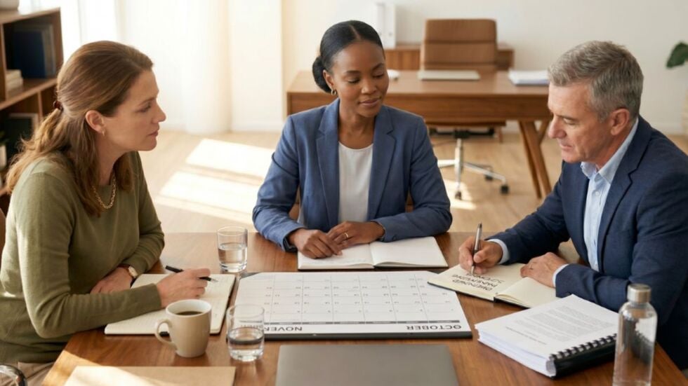 A mother, her attorney, and a professional mediator collaborate over a detailed calendar to draft a cooperative co-parenting agreement and schedule.
