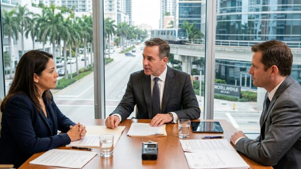 A family law mediation session in a modern Miami office overlooking Brickell Avenue, showing a neutral male mediator speaking directly to a mother while the father listens intently across the conference table.