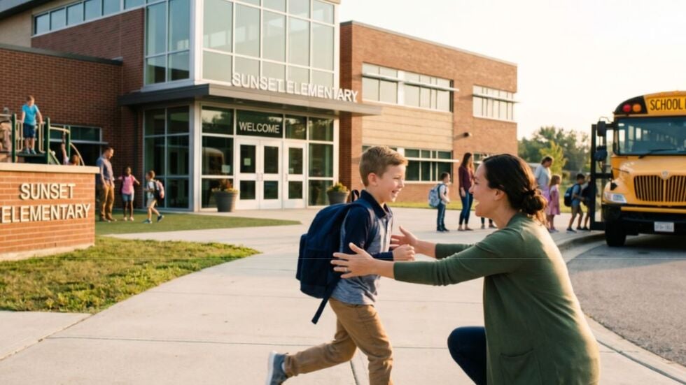 A child happily leaving school to meet a parent, representing the stability and continuity factors evaluated by Florida family court judges.