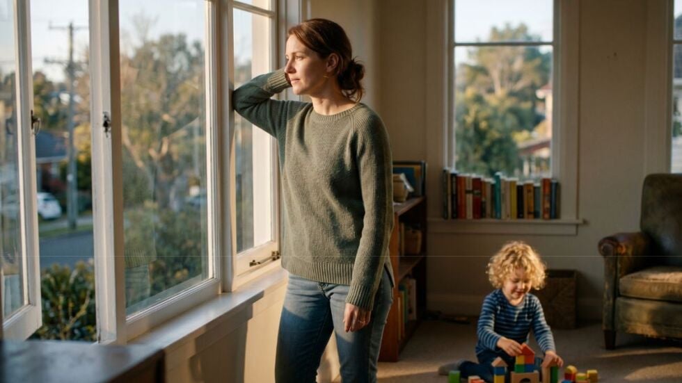 A worried parent looking out a window while a child plays nearby, illustrating the emotional stakes of Florida child relocation litigation.