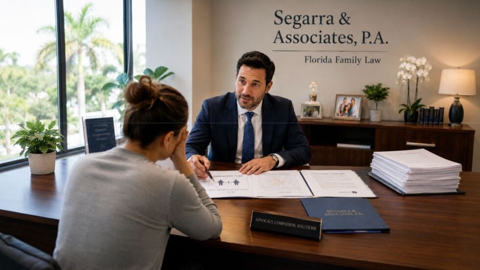 An attorney offering a legal consultation to a client, symbolizing strategic representation by Segarra & Associates, P.A. in high-conflict relocation disputes.