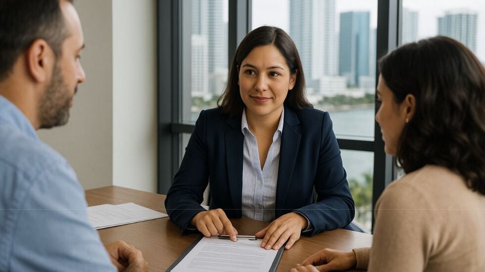 A couple consulting with a reproductive law attorney.&nbsp;