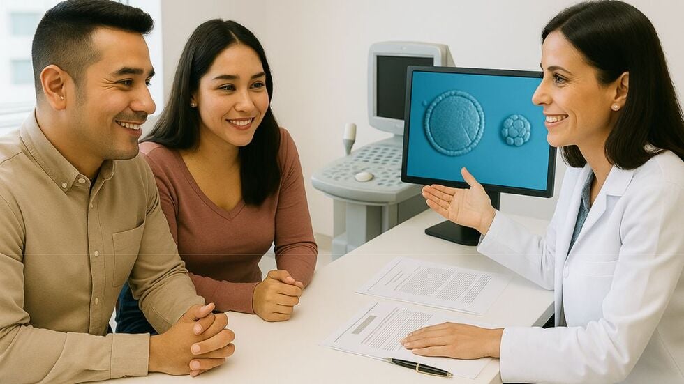 A doctor explaining the process of IVF to a couple in a fertility clinic.