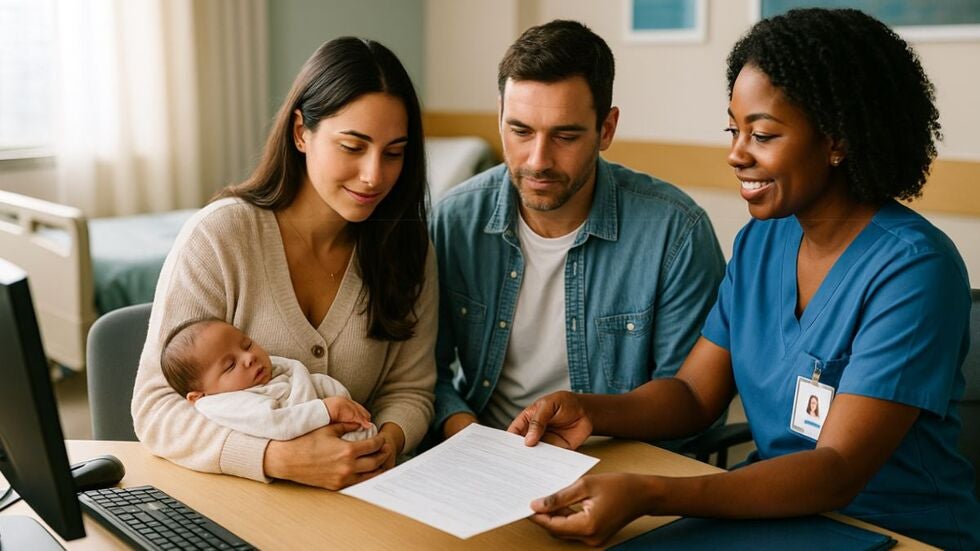 A couple and their baby are seated at a desk with a nurse, engaged in a conversation about the baby's well-being.