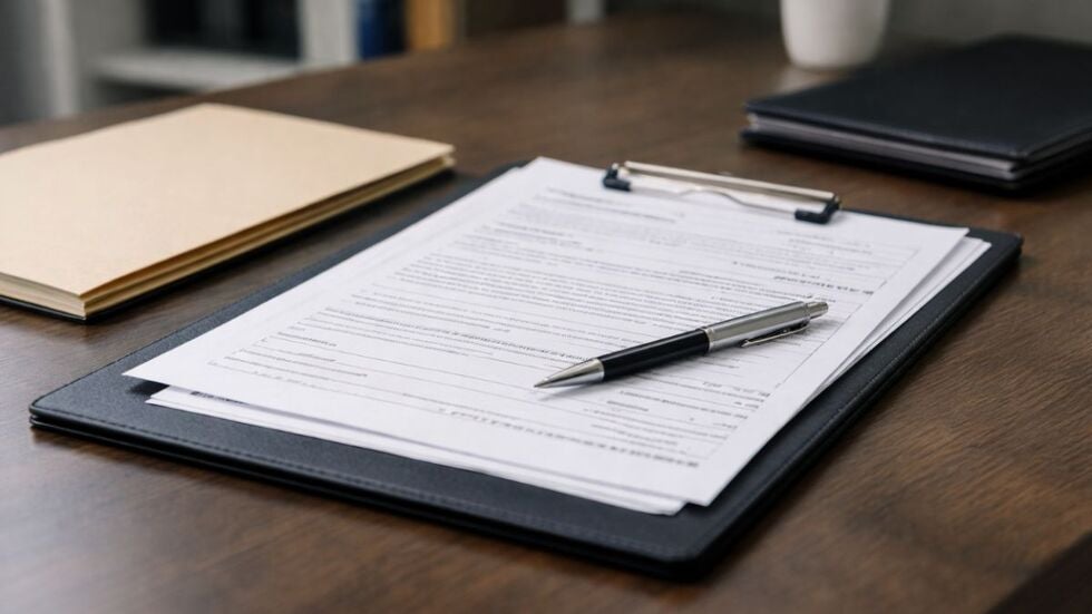 A petition for change of name form along with a pen and a stack of folders on a clean desk.
