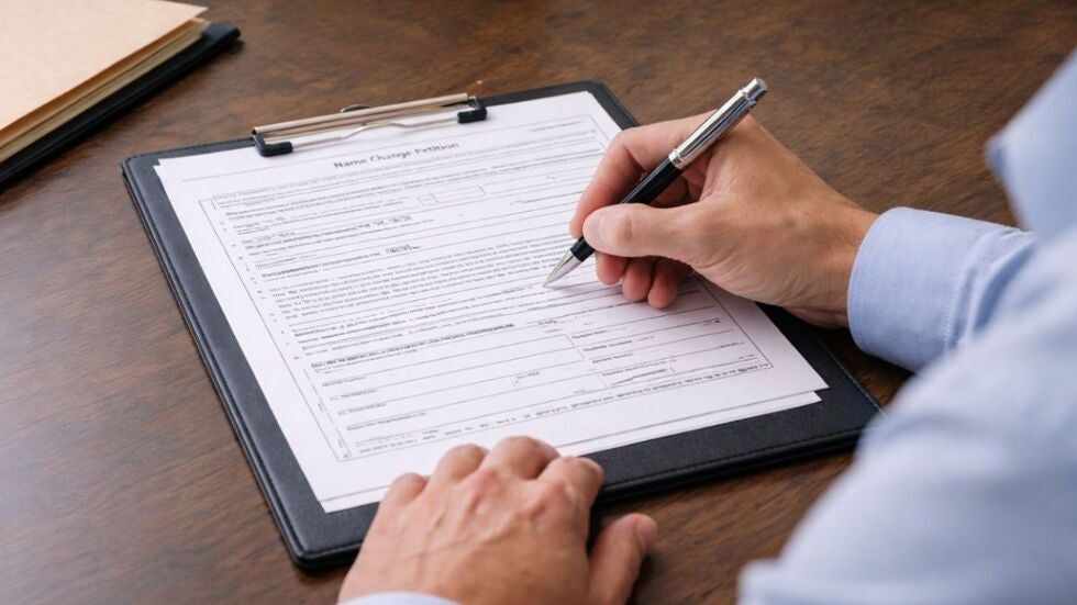 Person filling out a Florida name change petition form on a clipboard at a desk