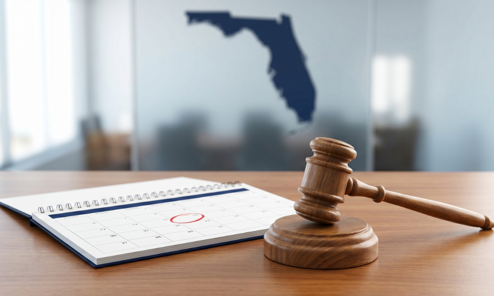 A wooden gavel next to an open calendar with a date circled in red on a desk, symbolizing the end of permanent alimony and the introduction of durational caps in Florida.