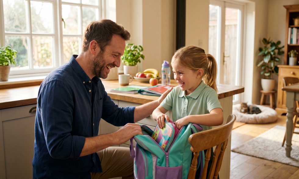 A father helping his daughter get ready for school, illustrating daily parenting routines evaluated in Florida custody cases.