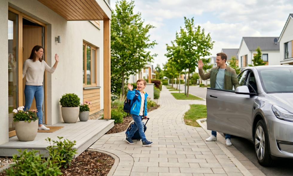 A child smoothly transitioning between parents during a time-sharing exchange, highlighting healthy co-parenting conduct.