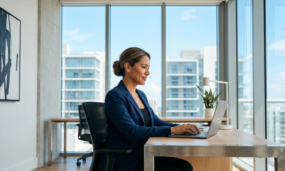 A confident professional woman and her partner reviewing financial documents at an outdoor cafe against the Miami skyline, representing modern prenuptial agreements.