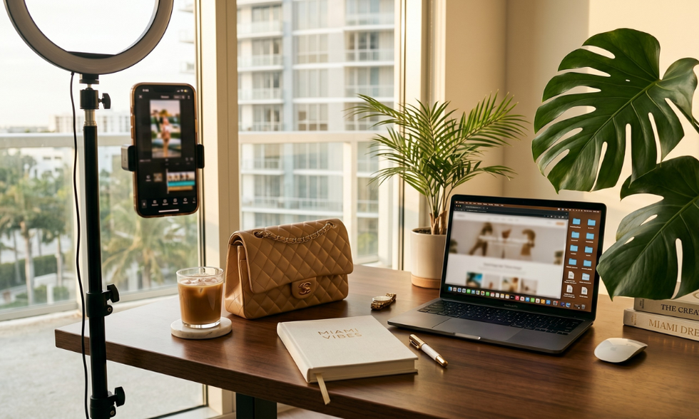 An influencer's content creation setup with a ring light and smartphone, symbolizing digital assets and social media brands protected by a prenup.