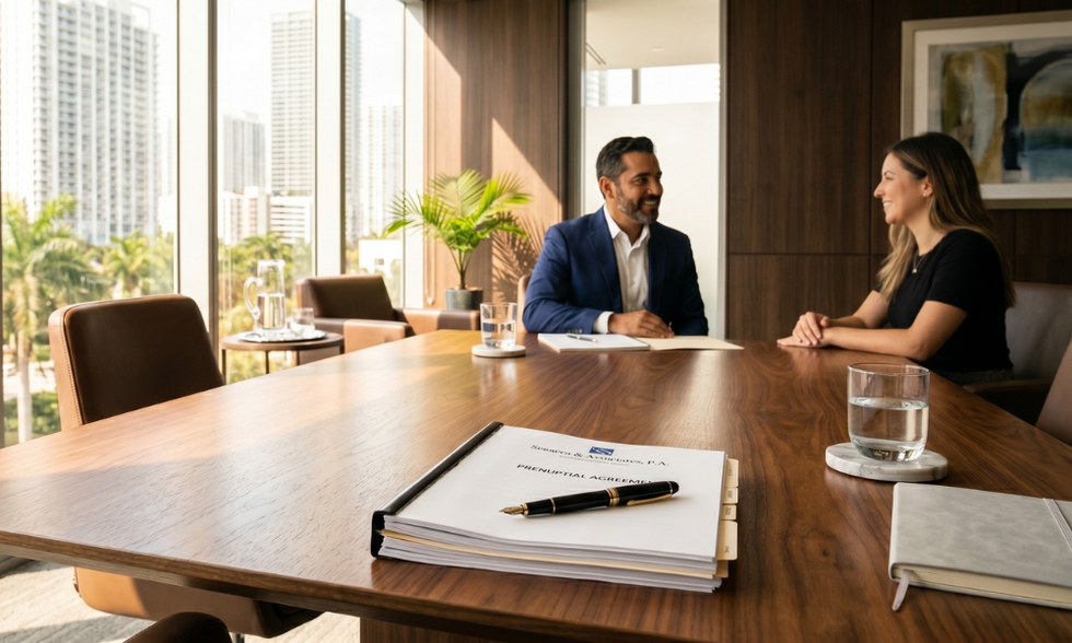 A professional legal document and pen on a conference table at a Miami family law office, symbolizing clarity and asset protection through a prenuptial agreement.