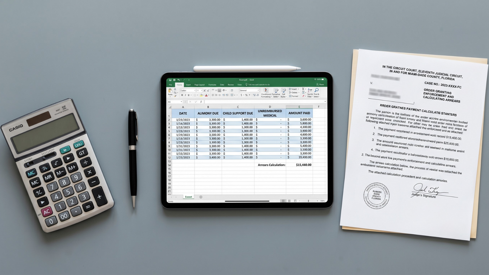 A calculator and a financial spreadsheet tracking support payments alongside court enforcement documents, representing Florida child support and alimony recovery.