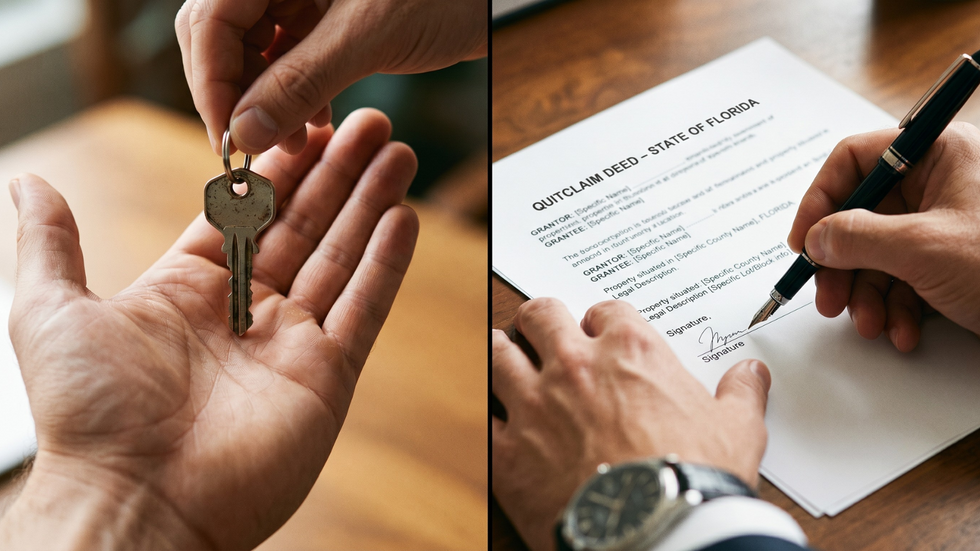 A close-up of a hand signing a property deed and transferring keys, illustrating a court order for property division and asset transfer in a Florida divorce.