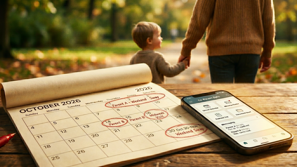A calendar with marked dates next to a smartphone showing a co-parenting app, symbolizing court-ordered time-sharing schedules and parental communication in Florida.