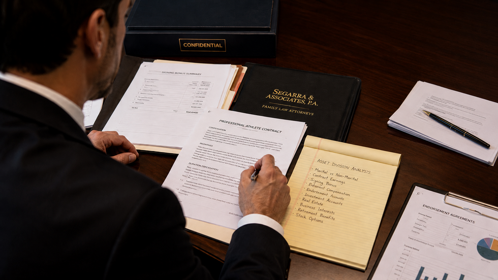 Attorney reviewing sports contracts and financial records for athlete divorce asset division.