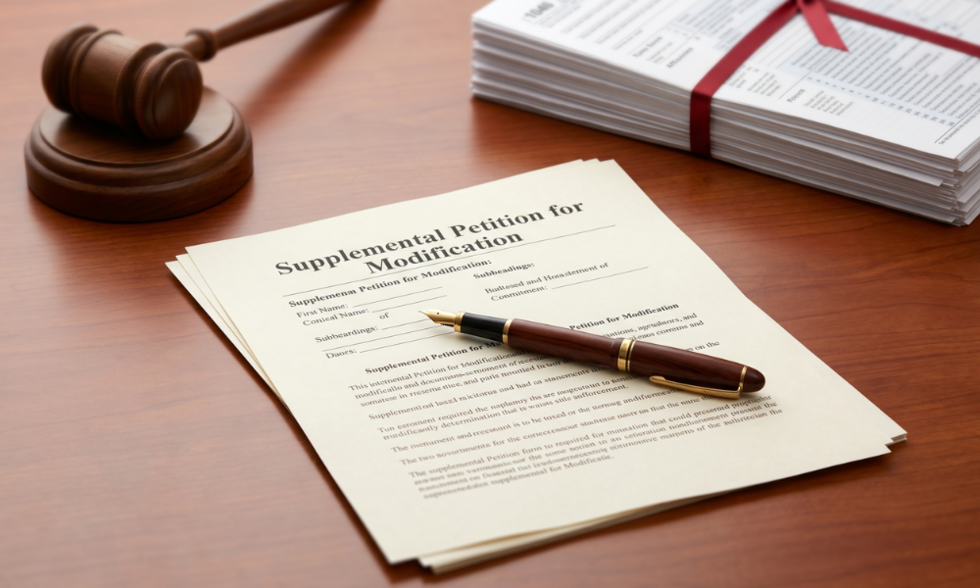 A top-down photograph of a formal legal desk, focusing on a stack of documents. The top page is clearly titled "Supplemental Petition for Modification."