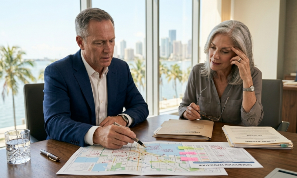 An attorney and a client review an annotated spreadsheet and cohabitation map during a detailed case review in a Miami law office, illustrating the fact-specific analysis required for alimony modifications.