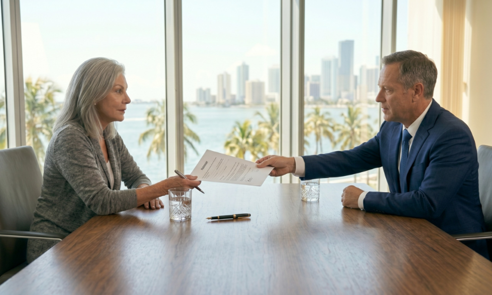 An attorney hands an alimony modification document for his client to sign in a Miami law office.