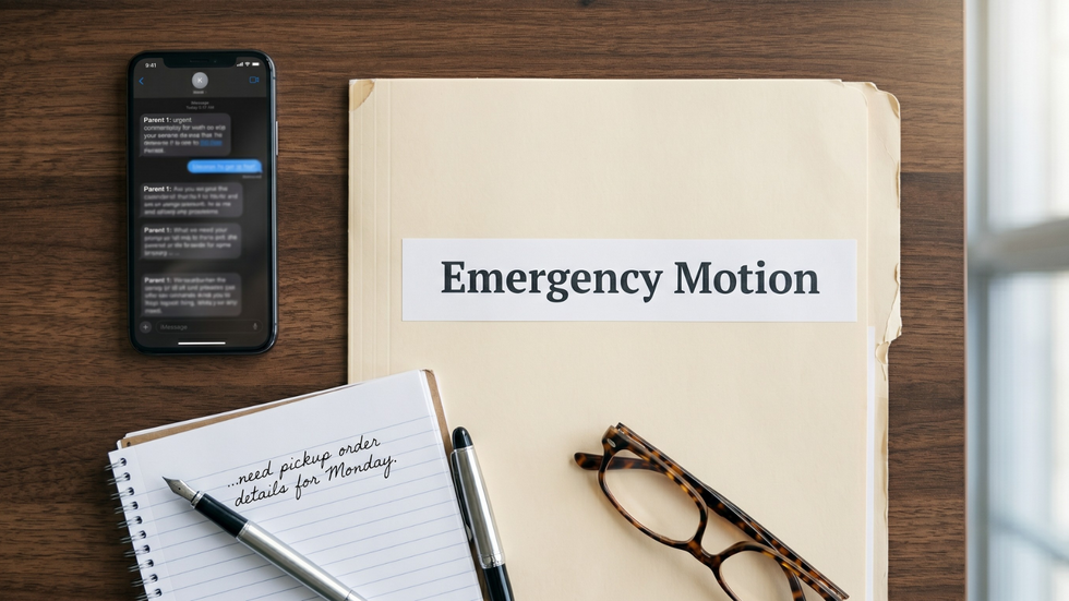 An organized layout of legal documents, notes, and evidence prepared for a Florida emergency court filing.