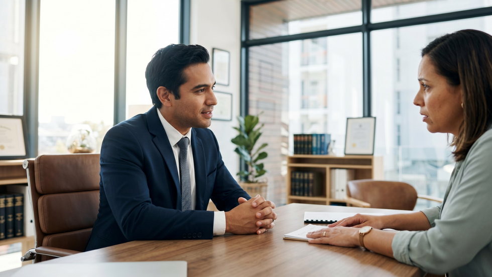 A compassionate family law attorney offering a private legal consultation to a client in a modern office.
