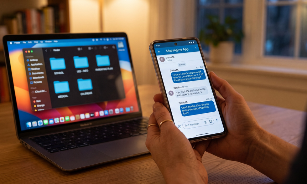 A parent reviewing messages on a co-parenting app on a smartphone, highlighting proper evidence collection and digital communication.