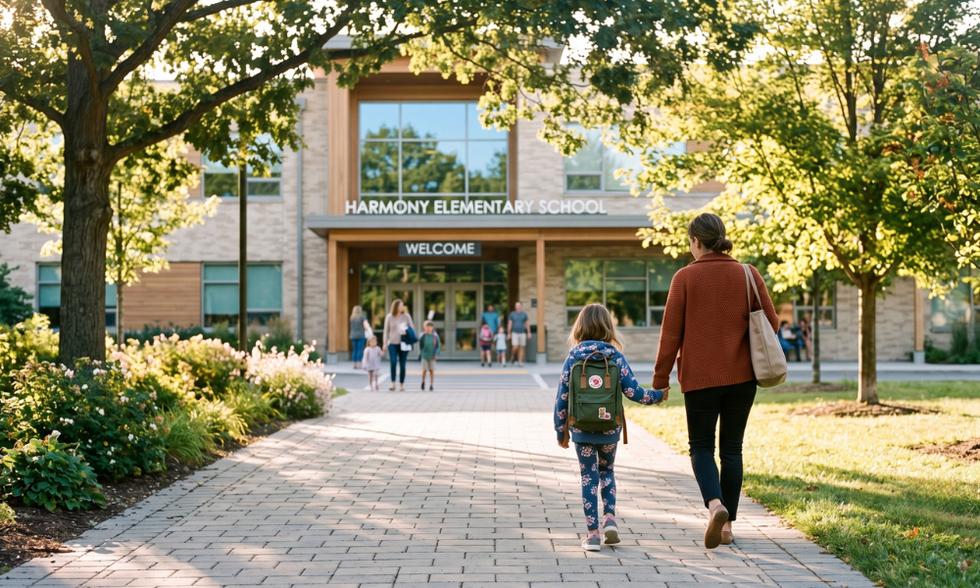 A parent walking their child to school, illustrating legal disputes over school placement and parenting plan modifications in Florida.