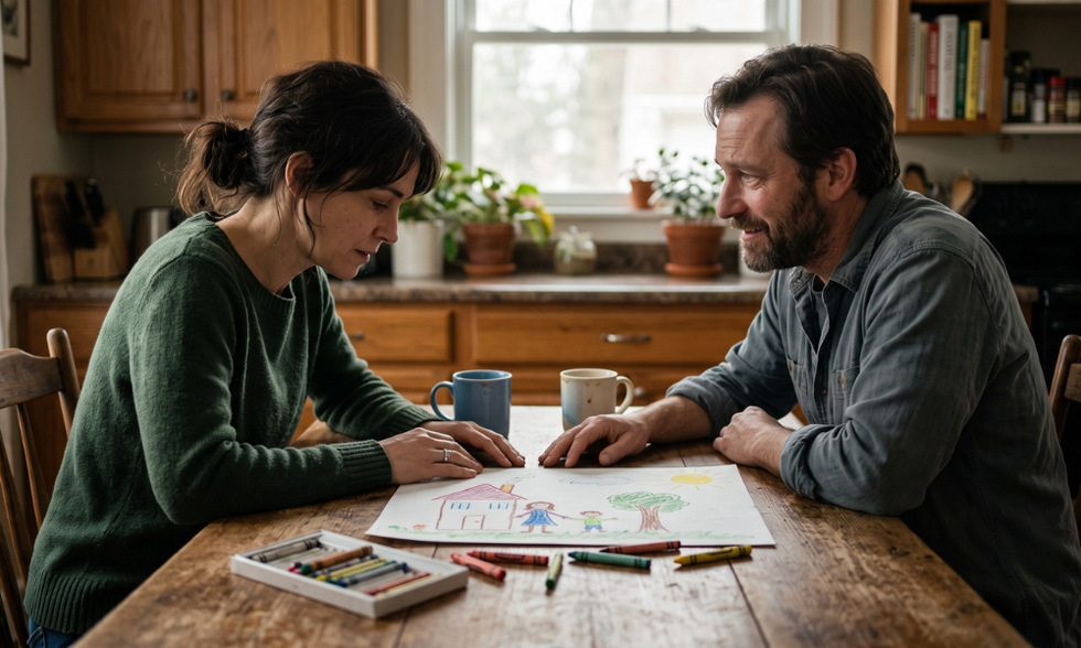 A divorced man and a woman sitting at a wooden kitchen table, discussing concerns about their minor child.