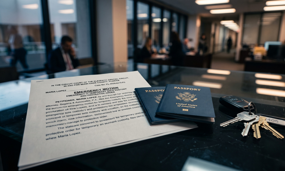 Close-up of an emergency motion legal document next to two passports, symbolizing parental relocation legal action.