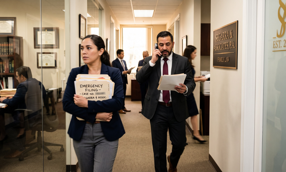 Law firm staff moving quickly in an office hallway while handling a high-priority emergency legal filing.