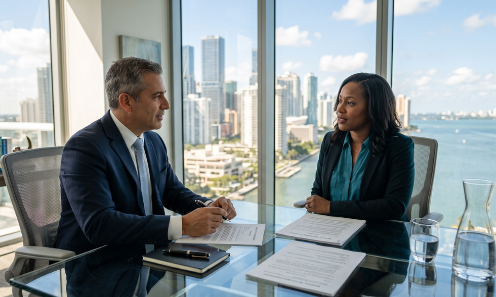 A family law attorney discussing separation options with a client in a bright, modern Miami office overlooking the city skyline.