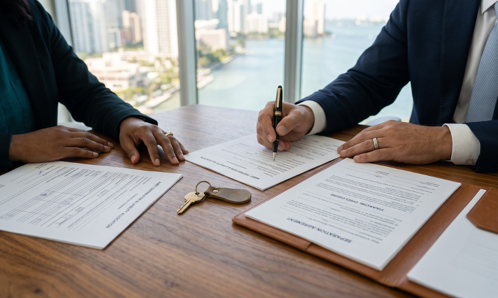 Close-up of financial documents, a house key, and a pen on a wooden table during a separation agreement meeting.