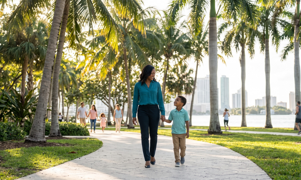 A parent walking hand-in-hand with a child in a sunny Miami park, illustrating peaceful co-parenting and parenting plans.