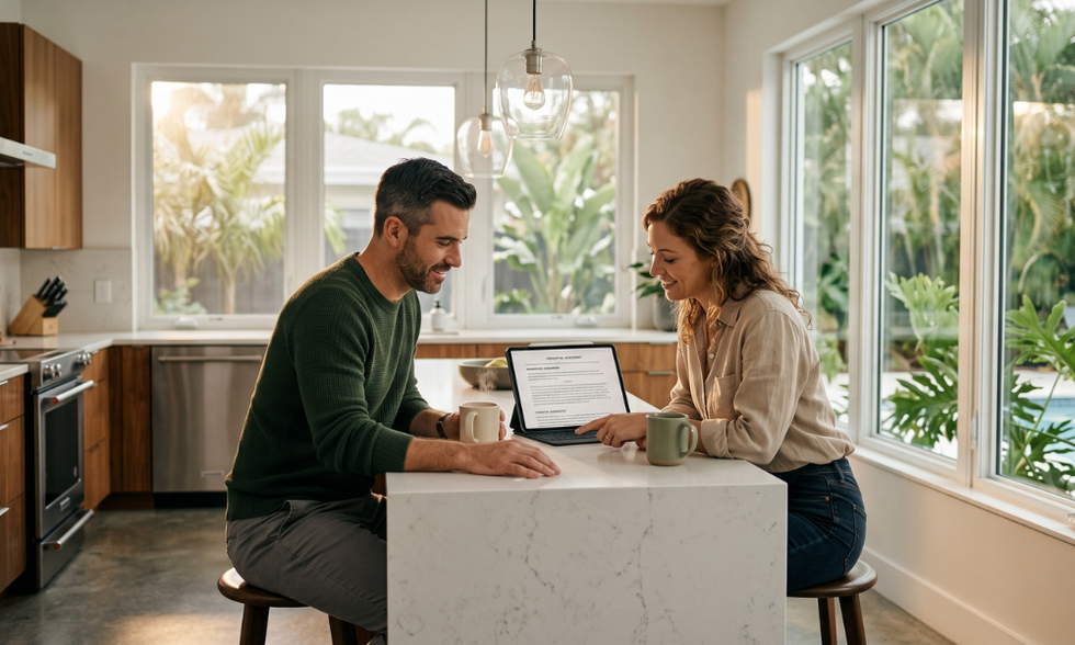 An engaged couple sitting in a bright, modern Florida home reviewing financial documents together before marriage.