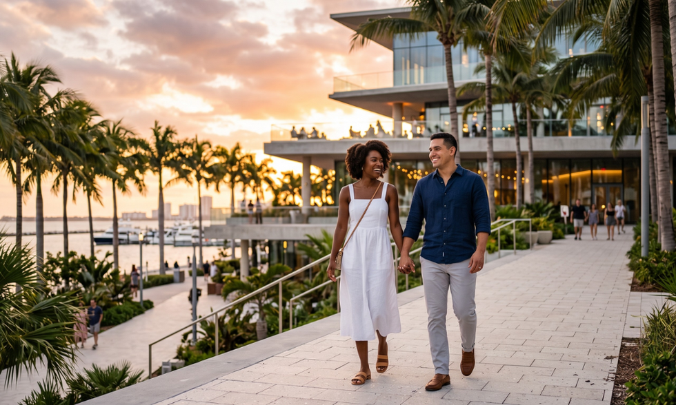 A happy engaged couple walking outside together with confidence in their future.