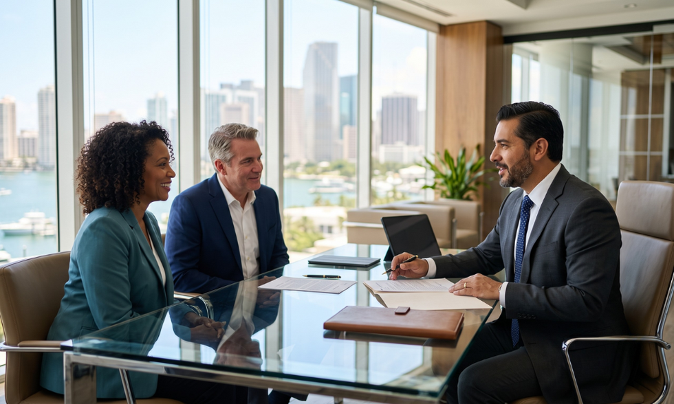 Married couple meeting with a Miami family law attorney at Segarra & Associates, P.A. to discuss a postnuptial agreement.