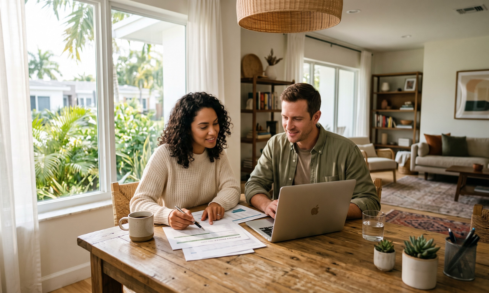 Married couple reviewing financial documents together, building transparency and clarity through a postnuptial agreement.